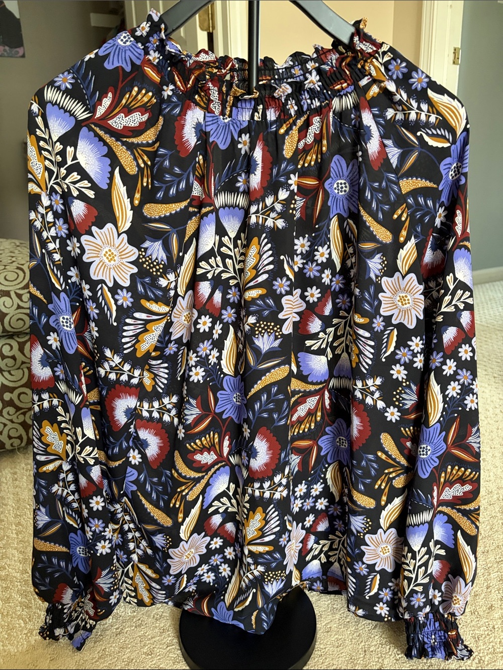 LOFT Black Floral Smocked-Neck Blouse